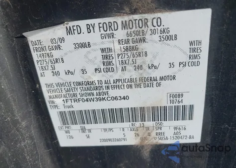 2009 Ford F-150 Stx/Xlt из США, поврежденный, VIN 1FTRF04W39KC06340